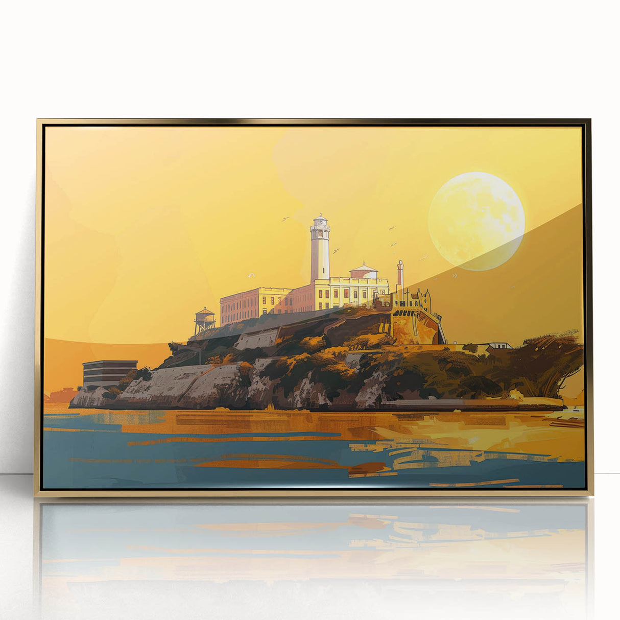 Acrylic print of Alcatraz in golden hues, framed, ideal for modern art wall decor.