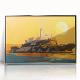 Mid-century modernist art depicting Alcatraz in muted gray tones on a framed acrylic panel.