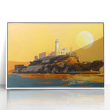 Art deco poster of Alcatraz with muted gray and blue tones on a white framed acrylic, suitable for modern art wall decor.