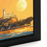 Close-up of a black framed canvas depicting Alcatraz Island in textured, colorful art, ideal for large living room walls.