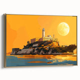 Framed canvas of a vintage-style landscape painting of Alcatraz Island in muted gold and black tones.