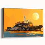 Framed canvas featuring a vintage-style landscape painting of Alcatraz Island in muted gray and colorful accents.