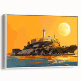 Vintage poster art of Alcatraz Island in colorful hues on a large framed canvas, ideal for living room decor.