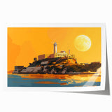 Rolled print of Alcatraz Island with muted blue and gray tones, suitable as art wall dining room decor.