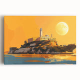 Black and white large canvas print of Alcatraz Island, ideal for kitchen wall art.