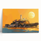 Black and white image of Alcatraz Island on stretched canvas, ideal for kitchen wall art or bedroom ambiance.
