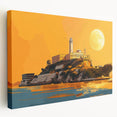 Alcatraz Island depicted in muted gray and blue tones on a large stretched canvas, suitable for kitchen wall art.
