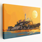 Alcatraz Island depicted in muted gray and blue tones on a large stretched canvas, suitable for kitchen wall art.