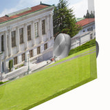 Mid-century modernist abstract wall art of Berkeley in muted earth tones on acrylic glass, ideal for dining room decor.