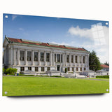 Acrylic print of a large abstract depiction of Berkeley, California in vibrant blue and orange tones.