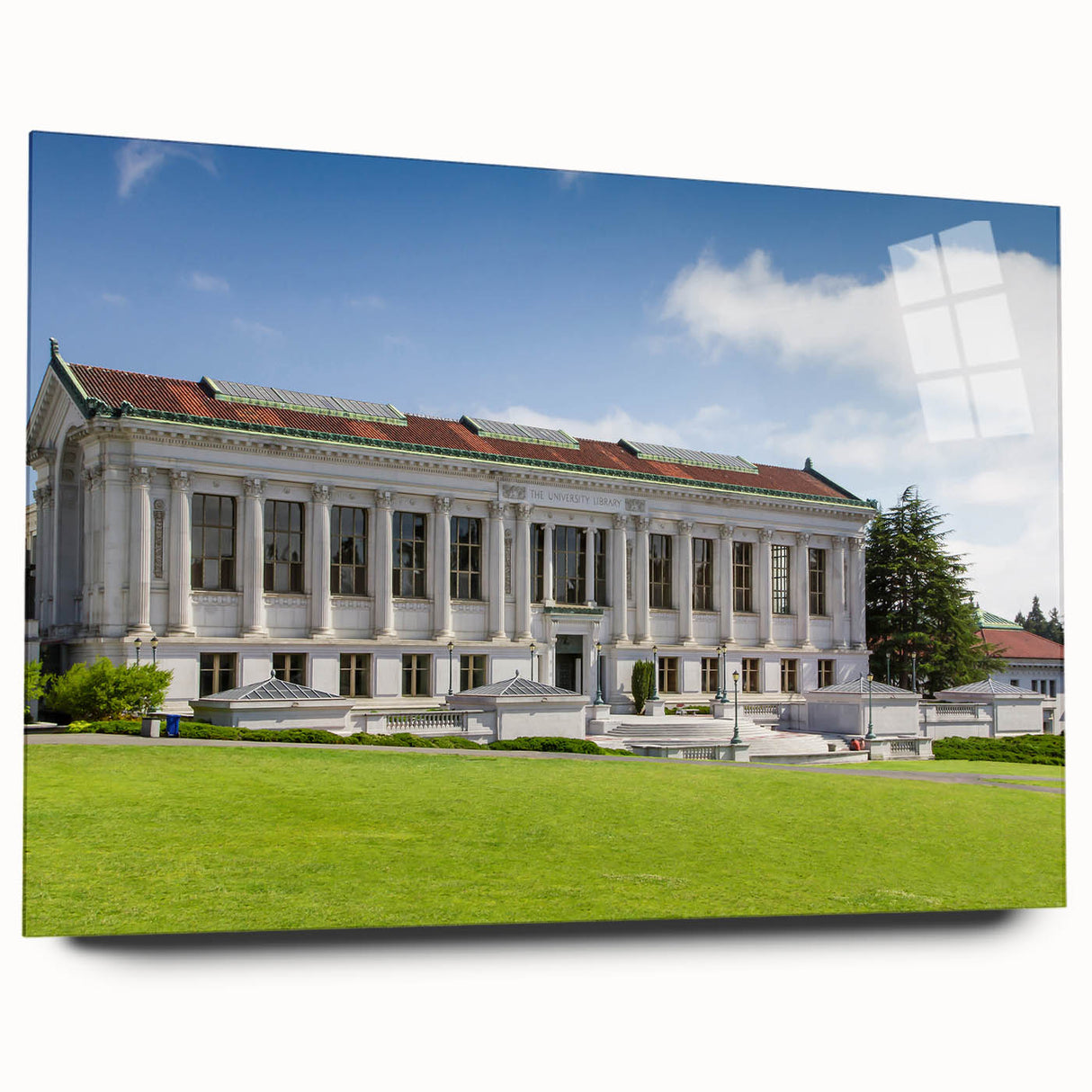Large abstract wall art print of Berkeley scenery in muted green and blue tones on acrylic glass.