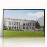 Large acrylic print of Berkeley, California skyline in gold tones, framed, mid-century modernist style.