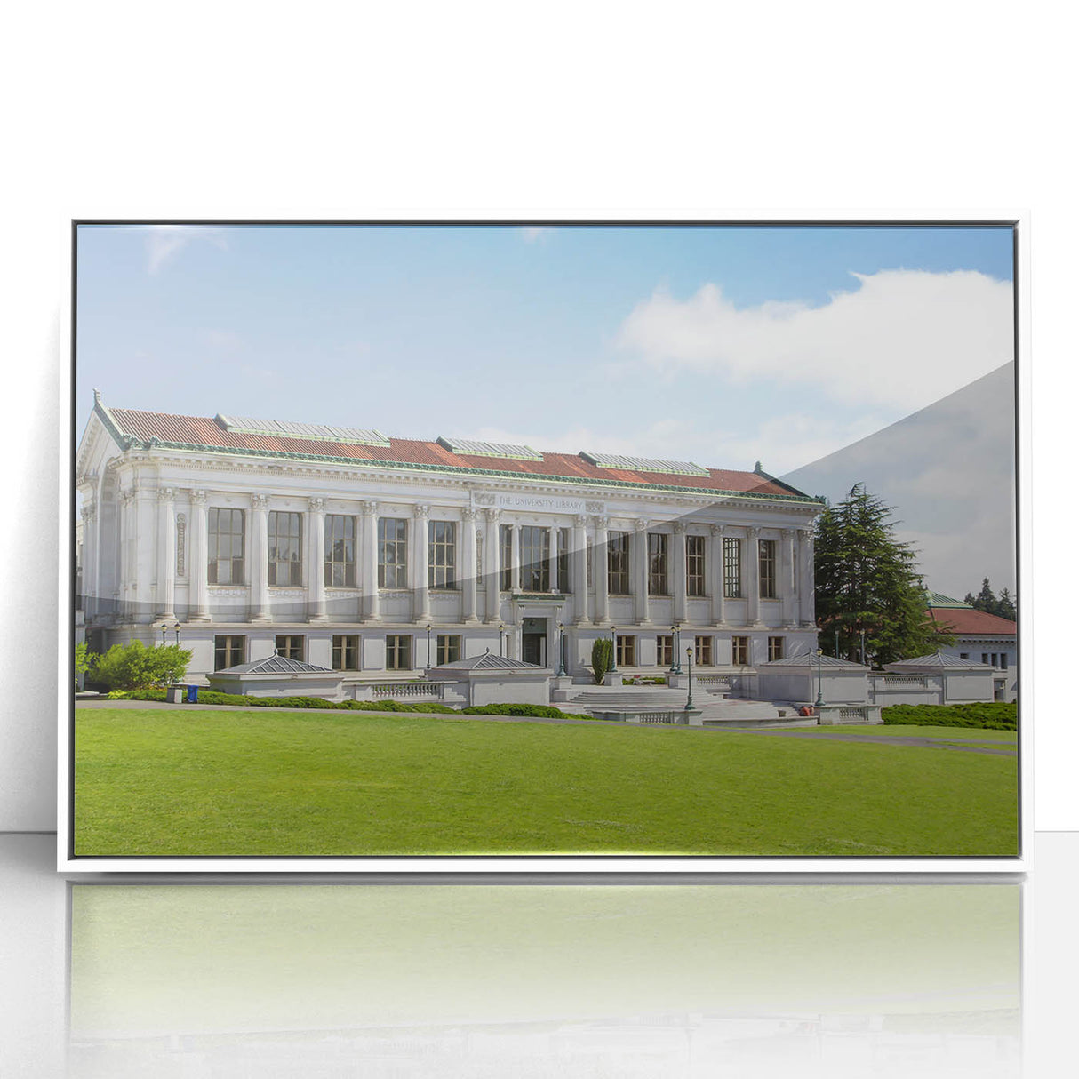 Art deco poster of Berkeley, California in muted blue and white tones, acrylic framed print.