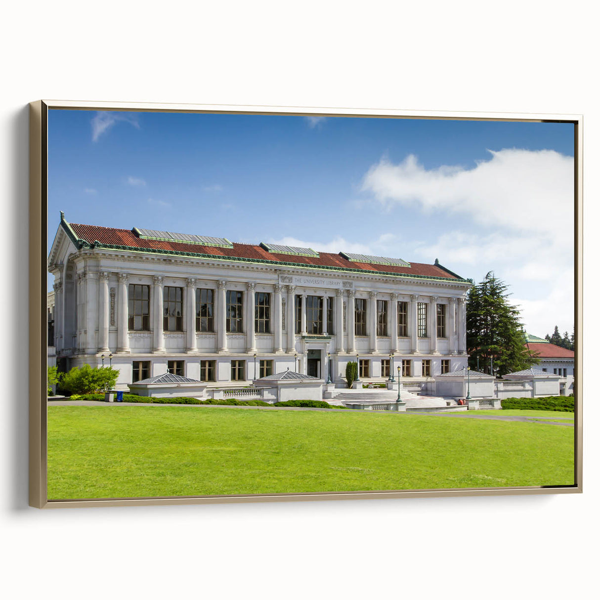 Framed canvas featuring a vintage-style landscape painting of Berkeley, California, in muted gold and black.