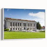 Vintage poster art of Berkeley, California in vibrant colors on a large framed canvas, ideal for living room decor.