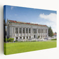 Side view of a stretched canvas depicting the Berkeley, California skyline in muted earth tones.