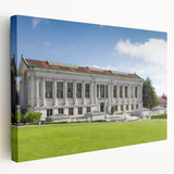 Side view of a stretched canvas depicting the Berkeley, California skyline in muted earth tones.