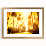 Extra large abstract art print of Beverly Hills in textured shades of blue and gold, framed with a gold mat.