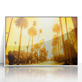 Art deco poster of Beverly Hills scenery in muted pastel colors, acrylic framed, ideal for modern nursery wall art.