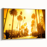 Framed canvas of vintage Beverly Hills landscape in black and gold tones, ideal for bedroom wall art.