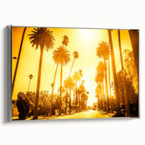 Framed canvas depicting a vintage-style Beverly Hills landscape, with muted colors and silver frame.