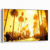 Framed canvas of vintage poster art depicting colorful Beverly Hills scenery, ideal for extra large living room wall.