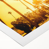 Art deco poster of Beverly Hills scenery in muted pastel tones on rolled canvas, suitable for dining room wall art.