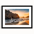 Abstract art print of California's Big Sur in vibrant colors on a large framed canvas, ideal for living room decor.