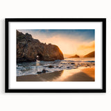 Abstract art print of California's Big Sur in vibrant colors on a large framed canvas, ideal for living room decor.
