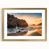 Extra large wall art depicting abstract scenery of California's Big Sur in textured gold frame, ideal for living room decor.