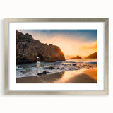 Textured abstract art print of California's Big Sur in muted earth tones on a framed canvas, suitable for bedroom decor.