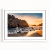 Abstract art print of Big Sur coastline in muted blue and green shades, framed with a white mat, ideal for dining room decor.