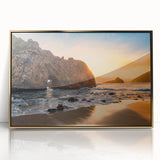 Large acrylic print of Big Sur coastline in muted earth tones, framed in gold, suitable for modern art wall decor.