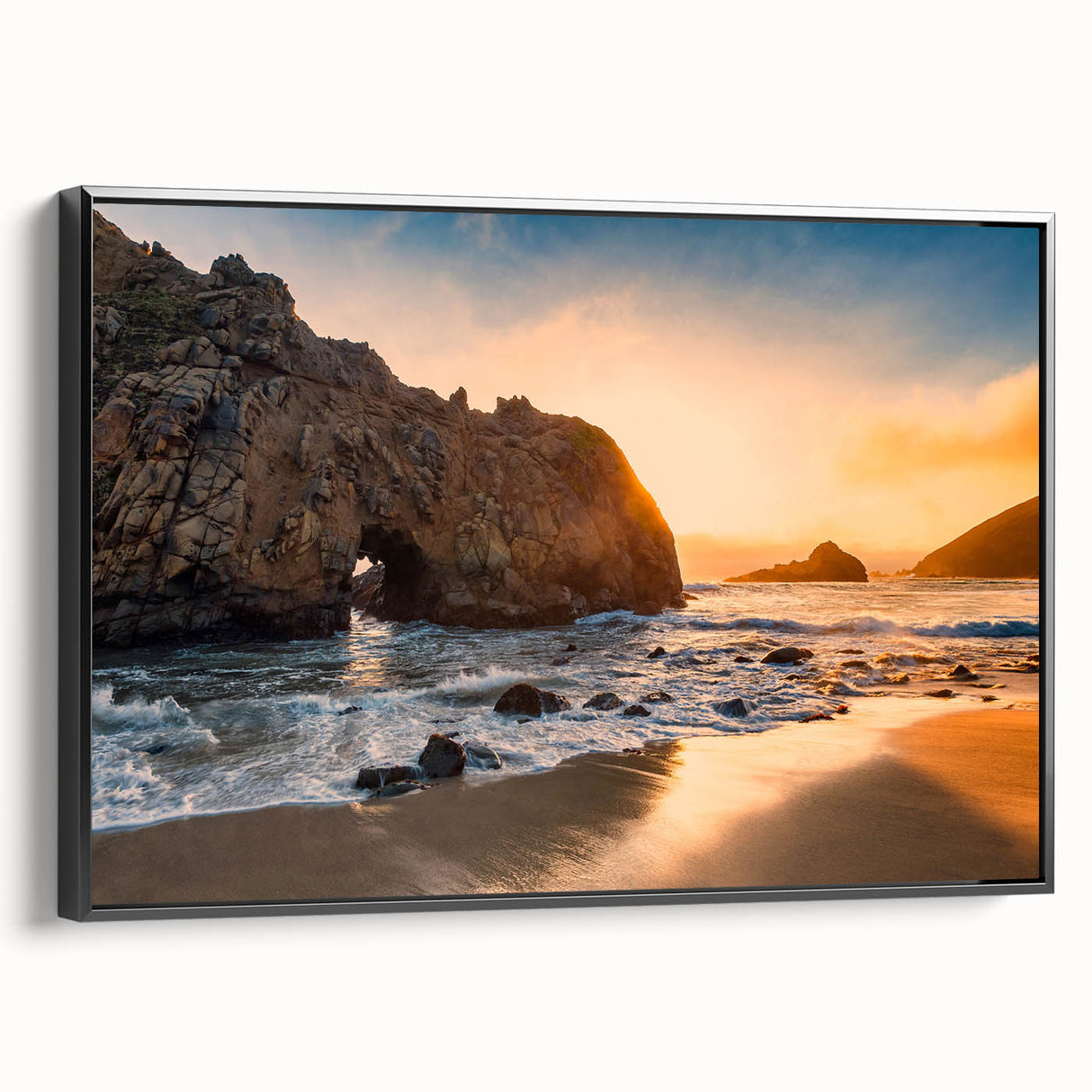 Black and white framed canvas of Big Sur landscape, ideal for bedroom decor, in a vintage poster style.