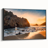 Black and white framed canvas of Big Sur landscape, ideal for bedroom decor, in a vintage poster style.