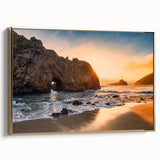 Framed canvas depicting a vintage-style landscape painting of Big Sur, California, in muted earth tones.