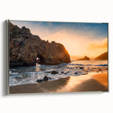 Landscape art painting of Big Sur on a framed canvas, featuring colorful hues with black borders.
