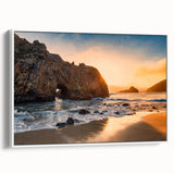 Vintage poster art of Big Sur, California on framed canvas with colorful palette, ideal for living room decor.