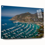 Acrylic print of a large abstract depiction of Catalina, USA, in muted blue and green tones.