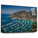 Large abstract wall art of Catalina, California in muted blue and green tones on acrylic glass.