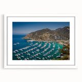 Abstract art print of Catalina, California in muted blue and green tones on a white framed canvas.