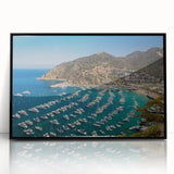 Large abstract wall art depicting a Catalina, California scenery in muted earth tones, framed in black acrylic.