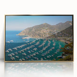 Mid-century modernist style acrylic print of Catalina, California scenery in gold frame, suitable for modern art wall decor.