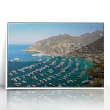 Art deco poster of Catalina, California in muted blues and greens on a white framed acrylic.