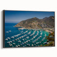 Black and white framed canvas of Catalina, California landscape, vintage poster style, ideal for bedroom decor.