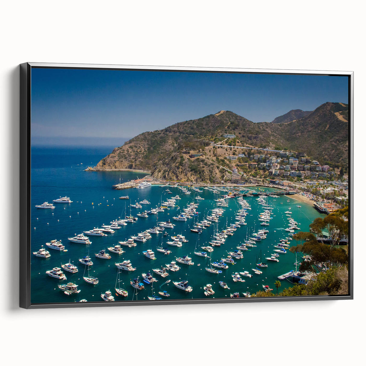 Black and white framed canvas of Catalina, California landscape, vintage poster style, ideal for bedroom decor.