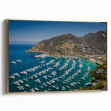 Framed canvas wall art depicting a vintage-style Catalina, California landscape in muted gold and black tones.