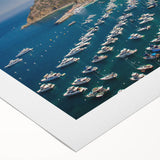 Art deco poster of Catalina, California in muted blue and beige on rolled canvas, suitable for dining room wall art.