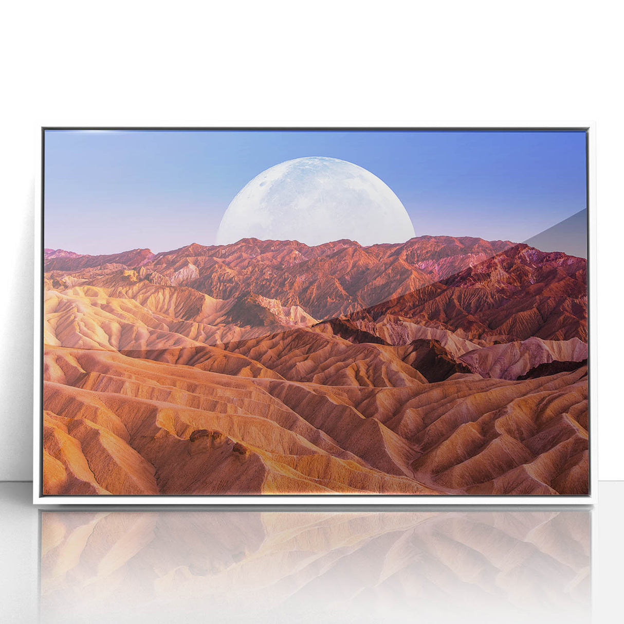 Acrylic print of Death Valley scenery in muted earth tones, framed in white, suitable for modern art wall décor.