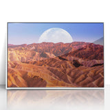 Acrylic print of Death Valley scenery in muted earth tones, framed in white, suitable for modern art wall décor.